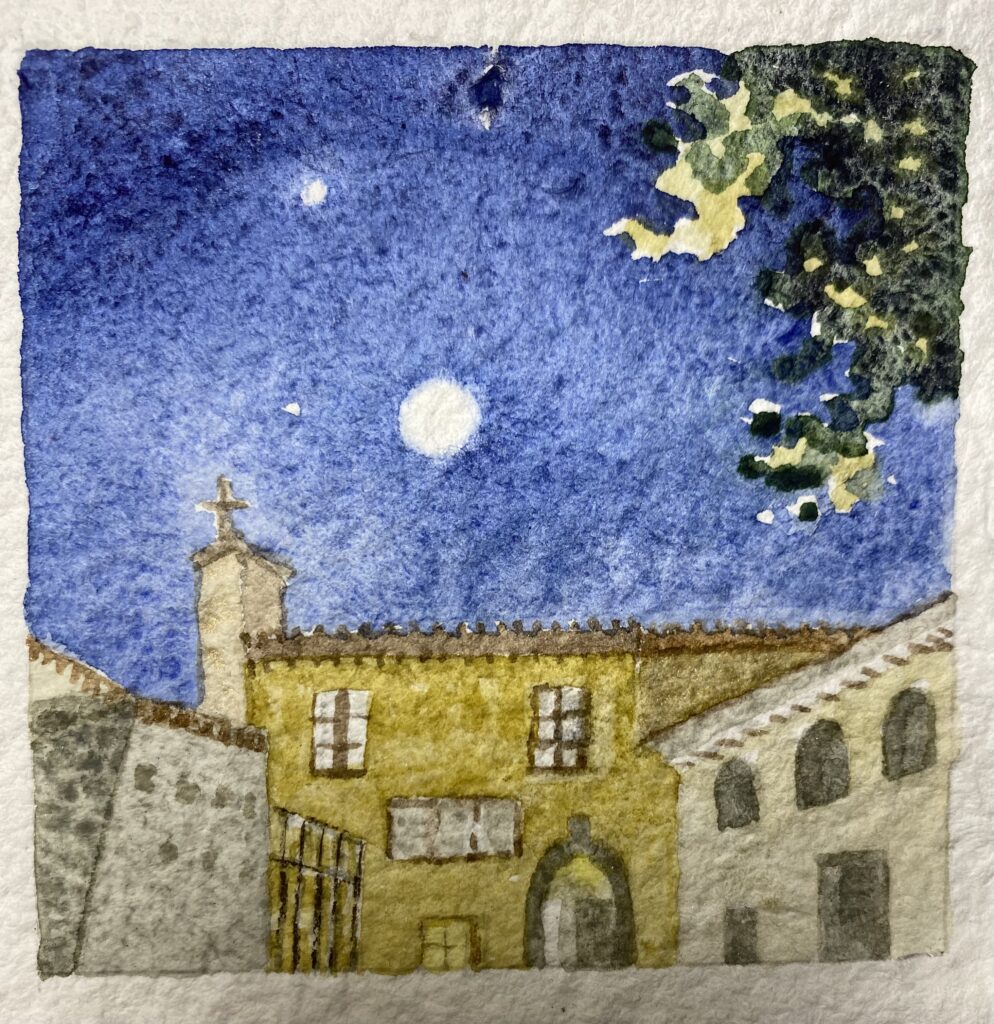 Sharon Pitts watercolor Moon Over San Fedele Monastery